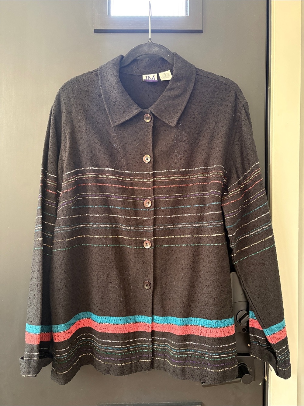 JM Collection Size L Women's Black Button-Front Stripe Sweater Jacket